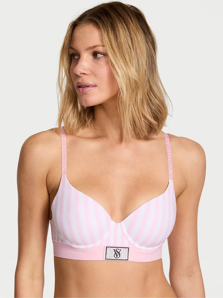 Victoria's Secret Pink Stripe Lightly Lined Demi Logo Shine Patch Bra - Image 2 of 3 Victoria's Secret Pink Stripe Lightly Lined Demi Logo Shine Patch Bra - Image 2 of 3