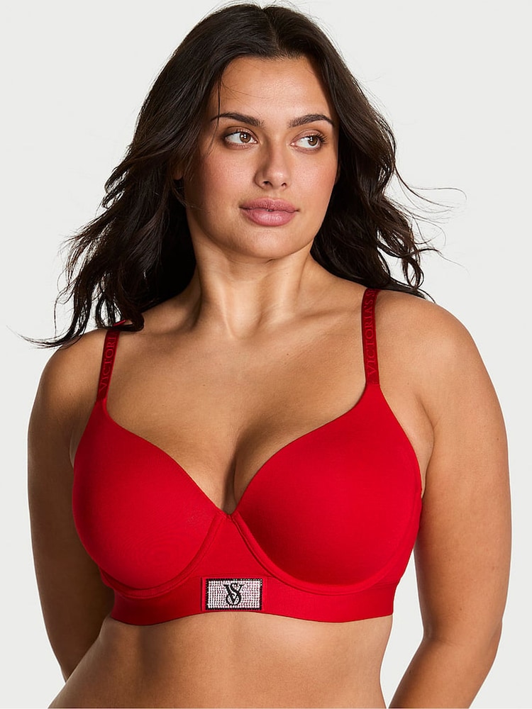 Victoria's Secret Lipstick Red Lightly Lined Demi Logo Shine Patch Bra - Image 1 of 3 Victoria's Secret Lipstick Red Lightly Lined Demi Logo Shine Patch Bra - Image 1 of 3
