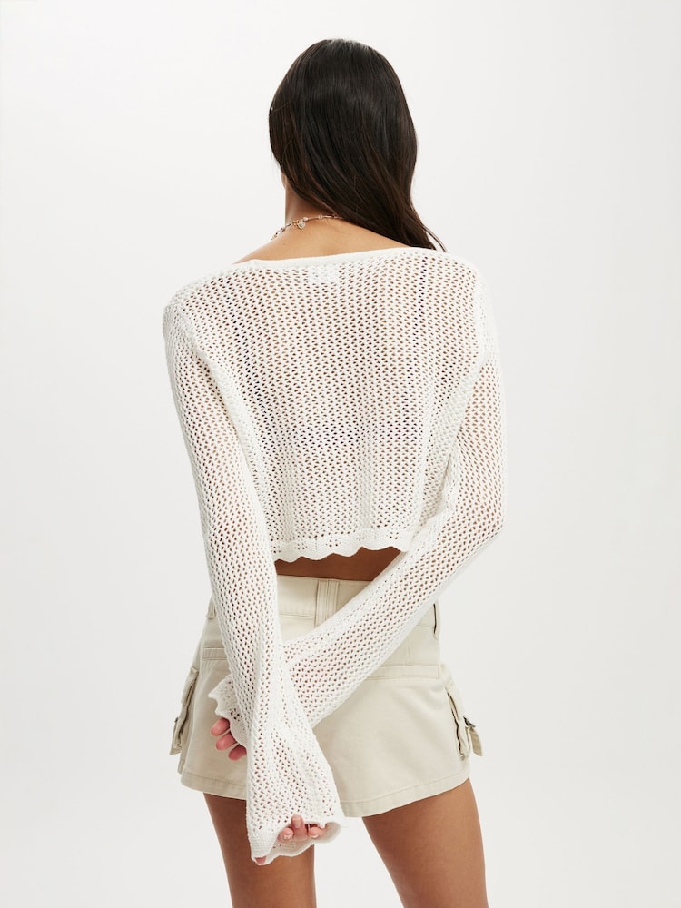 Crema - Cotton On Crochet Scallop Cropped Cardigan - Imagen 2 de 4