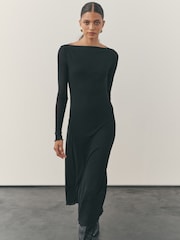 Nothing Ordinary Black Slash Neck Long Sleeve Midi Dress - Image 1 of 6