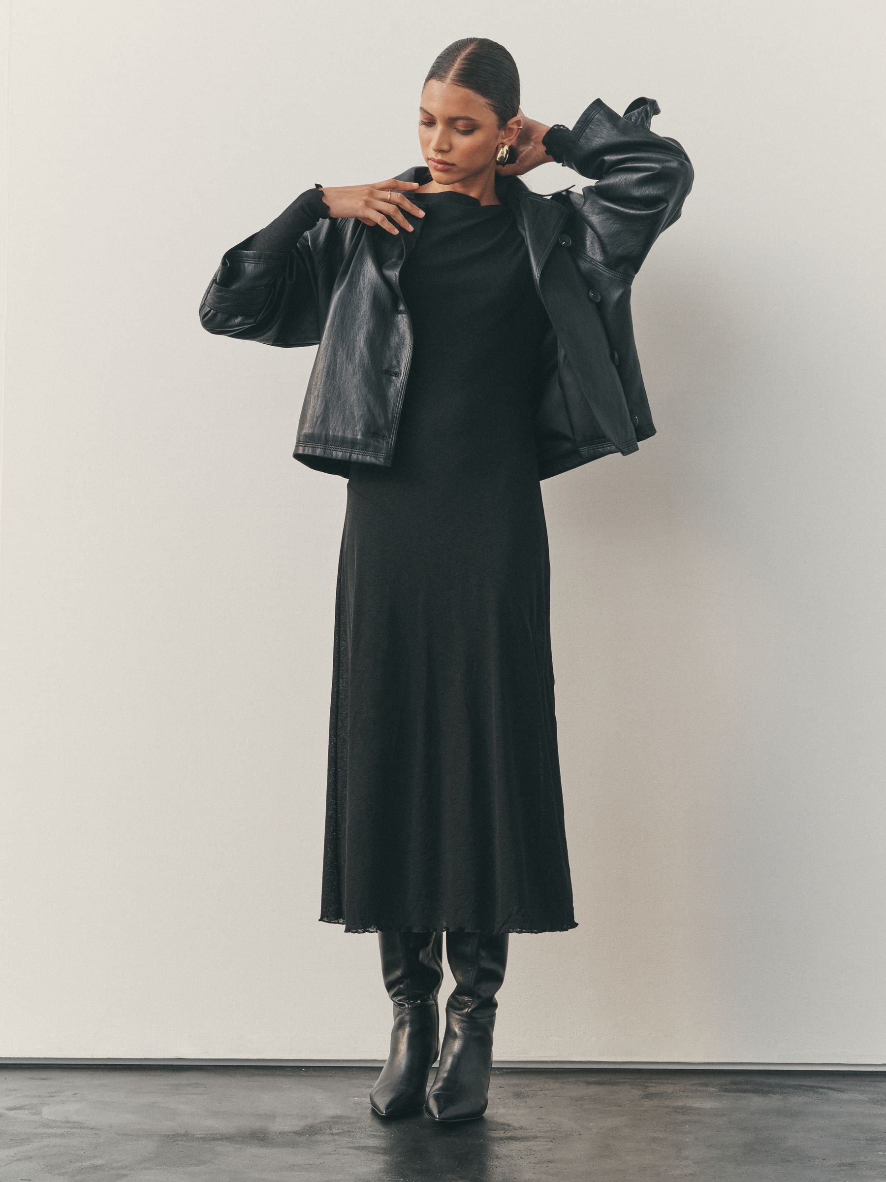 Buy Nothing Ordinary Black Print Mesh Slash Neck Long Sleeve Midi