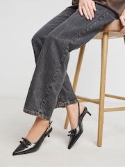 JD Williams Black Wide Fit Heavenly Soles Pointed Toe Kitten Heel Slingback Shoes with Bow - Image 1 of 4
