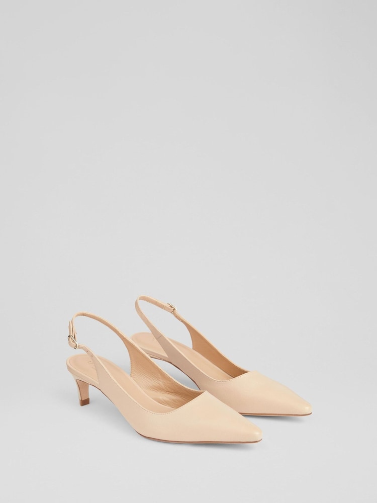 LK Bennett Natural Alyssa Leather Kitten Heel Slingbacks Shoes - Image 2 of 4