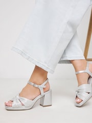JD Williams Silver Extra Wide Fit Cross-Over Detail Heeled Sandals - Image 1 of 4
