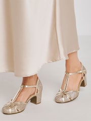 JD Williams Gold Extra Wide Fit Block Heel T-Bar Shoes - Image 1 of 4