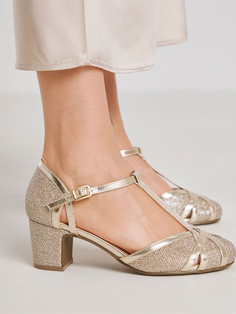 JD Williams Gold Extra Wide Fit Block Heel T-Bar Shoes - Image 4 of 4