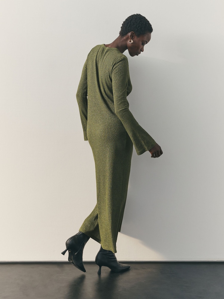 Nothing Ordinary Olive Green Metallic Crew Neck Maxi Dress - Image 2 of 8