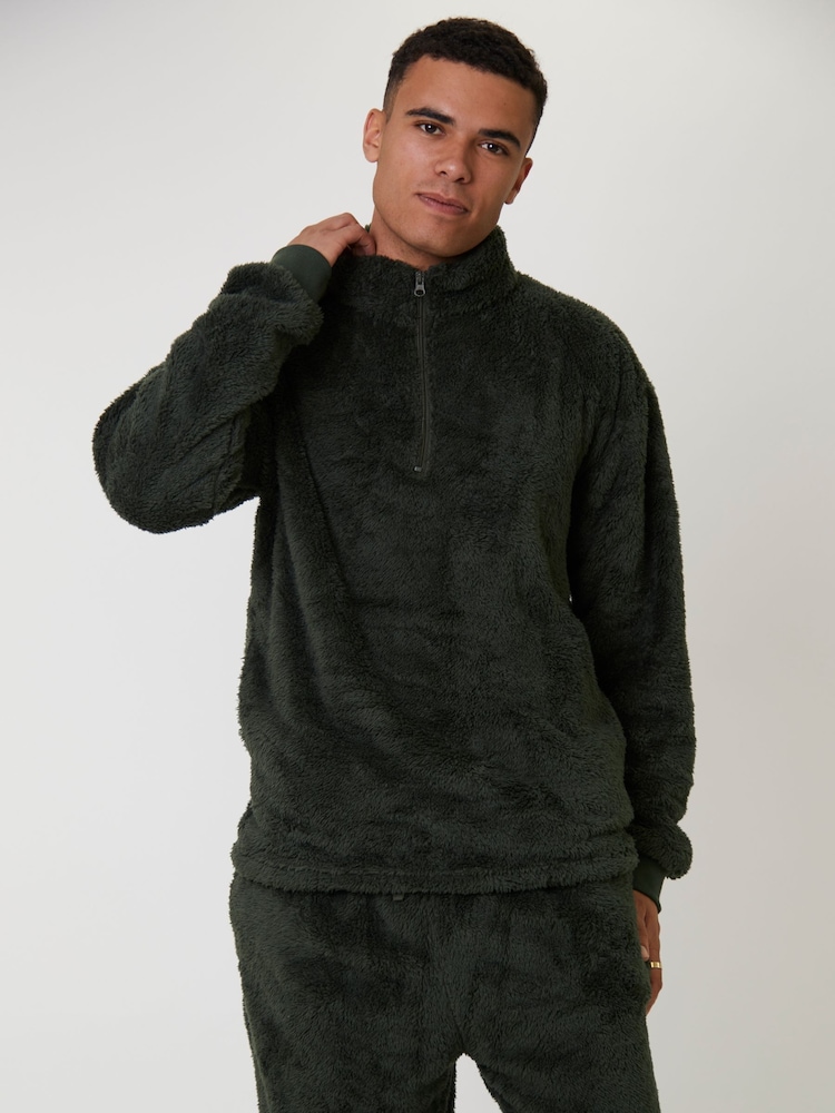 Loungeable Green Sherpa 1/4 Zip Jumper - Image 1 of 4 Loungeable Green Sherpa 1/4 Zip Jumper - Image 1 of 4
