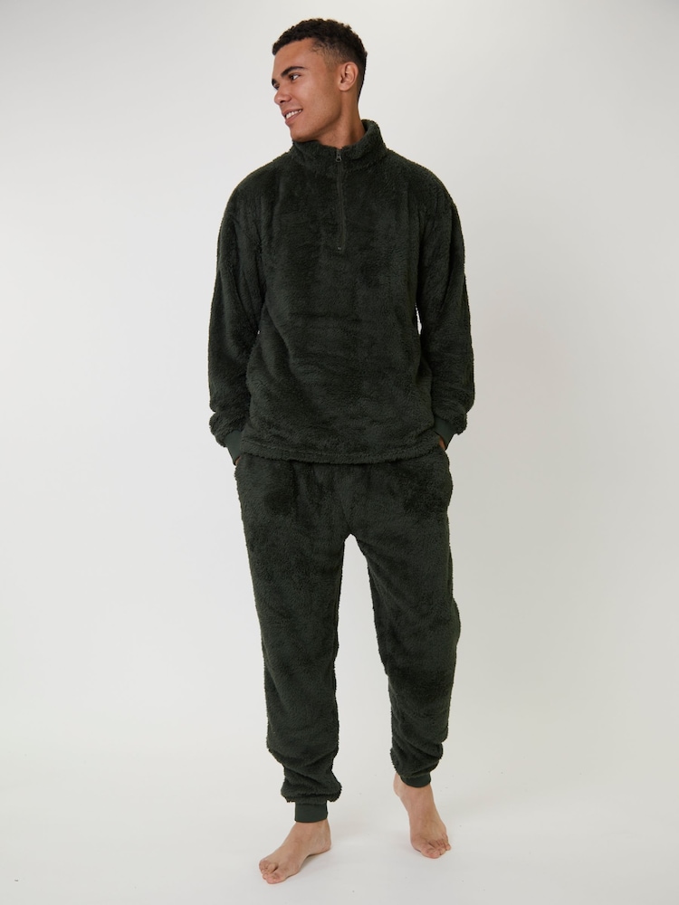 Loungeable Green Sherpa 1/4 Zip Jumper - Image 2 of 4 Loungeable Green Sherpa 1/4 Zip Jumper - Image 2 of 4