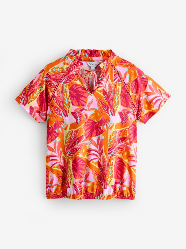 Orange/Pink Short Sleeve Tropical Print Bubble Hem T-Shirt - Image 1 of 1