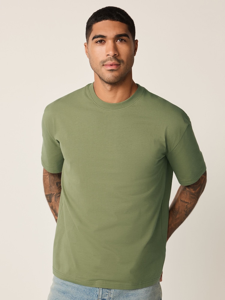 Moss Green Relaxed Fit Essential Crew Neck Cotton T-Shirt - Image 1 of 7 Moss Green Relaxed Fit Essential Crew Neck Cotton T-Shirt - Image 1 of 7