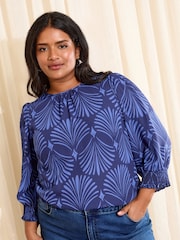 Friends Like These Blue Fan Print Curve 3/4 Sleeve Shirred Cuff Blouse - Image 1 of 4