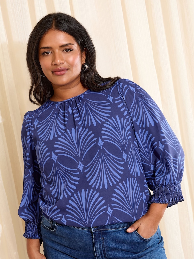 Friends Like These Blue Fan Print Curve 3/4 Sleeve Shirred Cuff Blouse - Image 1 of 4