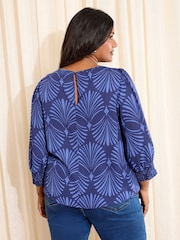 Friends Like These Blue Fan Print Curve 3/4 Sleeve Shirred Cuff Blouse - Image 3 of 4