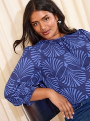 Friends Like These Blue Fan Print Curve 3/4 Sleeve Shirred Cuff Blouse - Image 4 of 4