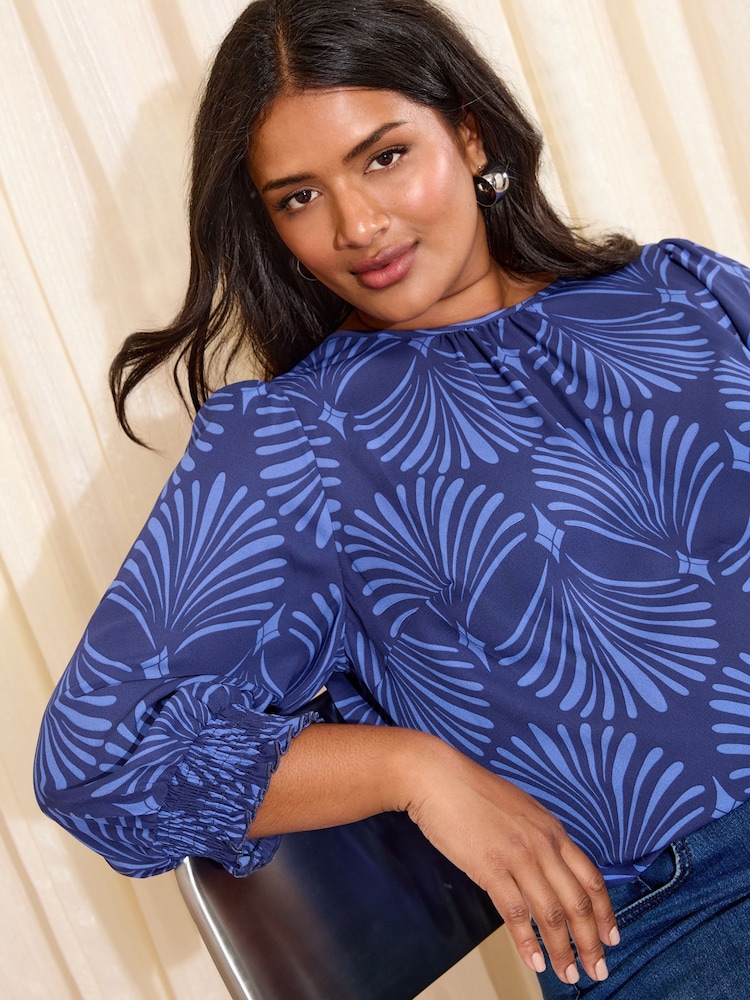 Friends Like These Blue Fan Print Curve 3/4 Sleeve Shirred Cuff Blouse - Image 4 of 4