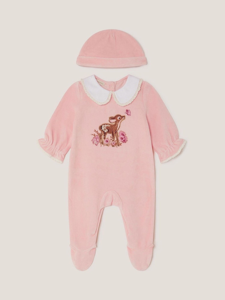 Monsoon Pink Felicity Fawn Velour Sleepsuit & Hat Set - Image 1 of 1