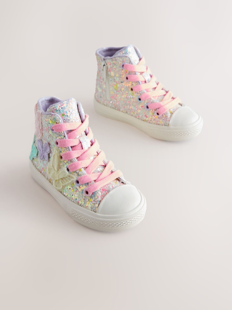 Multi Pastel Glitter Butterfly High Top Trainers - Image 1 of 6 Multi Pastel Glitter Butterfly High Top Trainers - Image 1 of 6