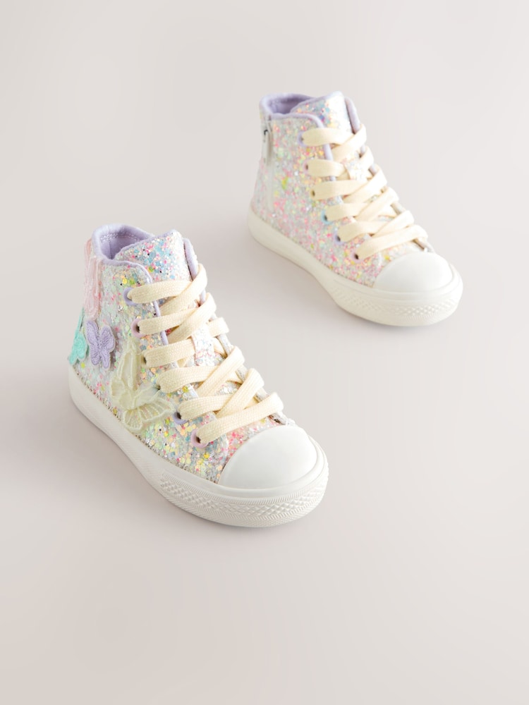 Multi Pastel Glitter Butterfly High Top Trainers - Image 2 of 6 Multi Pastel Glitter Butterfly High Top Trainers - Image 2 of 6