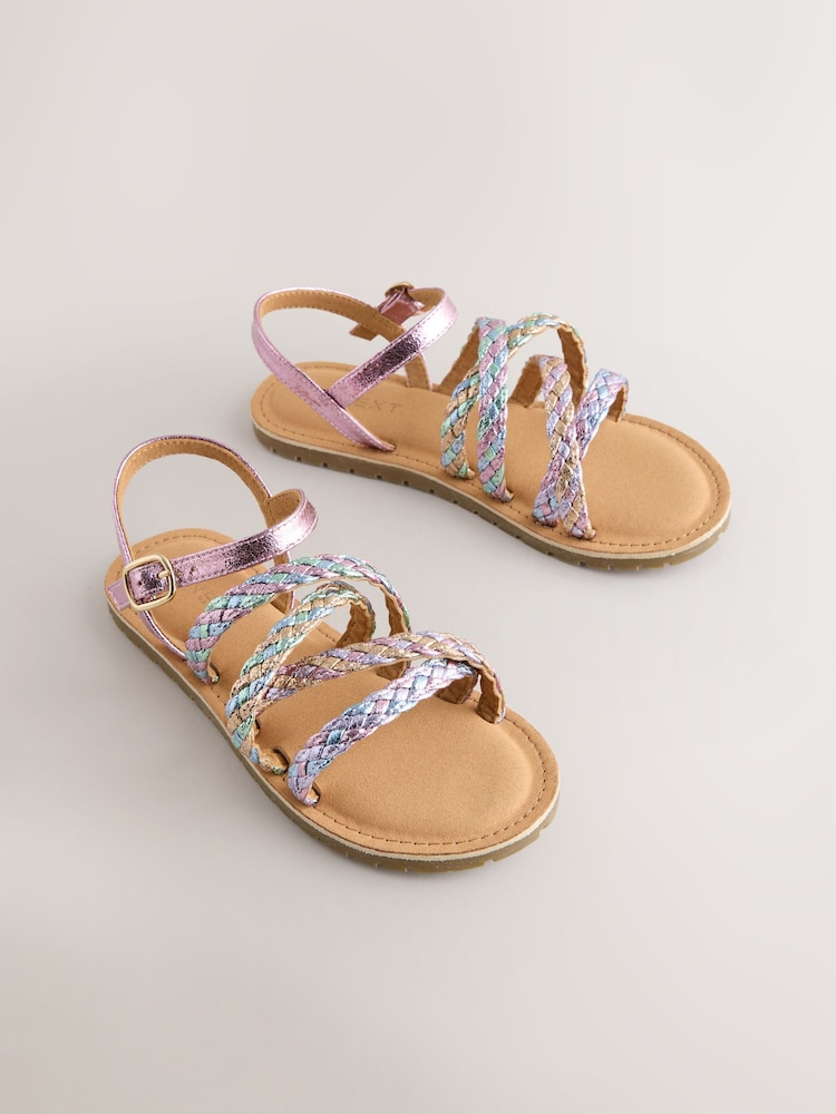 Pastel Metallic Plaited Strappy Sandals - Image 1 of 5