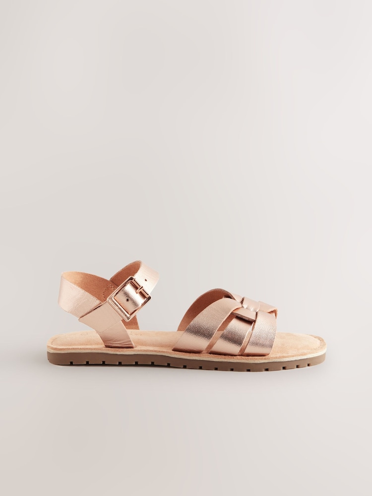 Rose Gold Wide Fit (G) Leather Woven Sandals - Image 1 of 4 Rose Gold Wide Fit (G) Leather Woven Sandals - Image 1 of 4