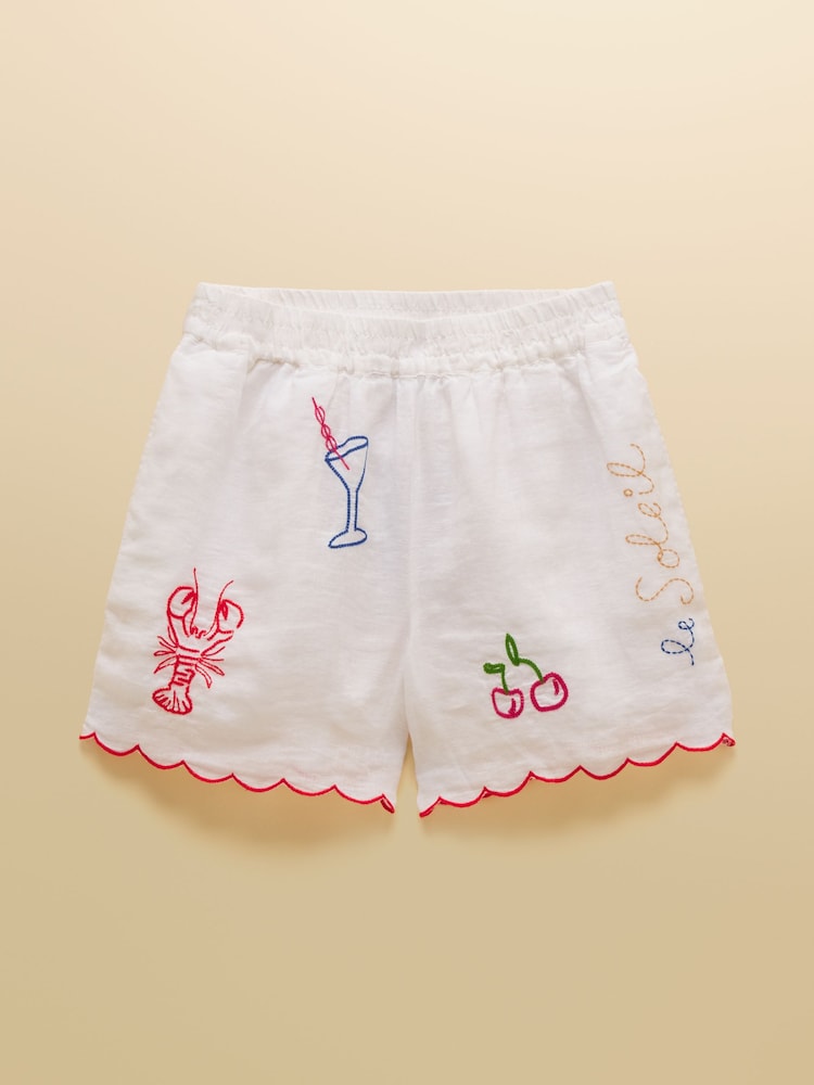 Joules Orla White Embroidered Pure Linen Shorts - Image 11 of 11