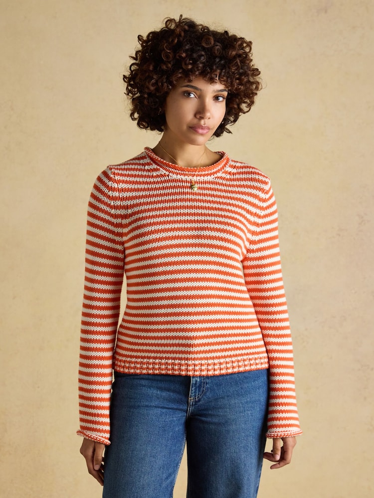 Joules Orange & White Striped Cotton Knitted Crew Neck Jumper - Image 1 of 7