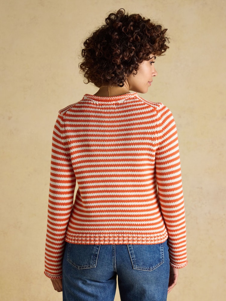 Joules Orange & White Striped Cotton Knitted Crew Neck Jumper - Image 2 of 7