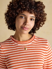 Joules Orange & White Striped Cotton Knitted Crew Neck Jumper - Image 4 of 7