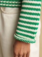 Joules Green & White Striped Cotton Knitted Crew Neck Jumper - Image 6 of 8