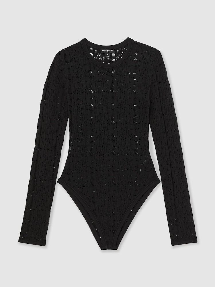 Reiss Black Frances Atelier Lace-Knit Long-Sleeve Bodysuit - Image 2 of 6 Reiss Black Frances Atelier Lace-Knit Long-Sleeve Bodysuit - Image 2 of 6