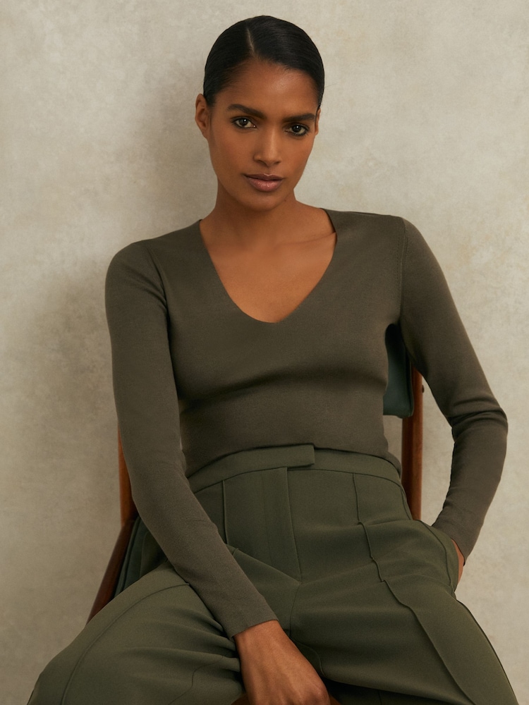 Reiss Khaki Maeve Atelier Knitted Silk-Blend Top - Image 1 of 6 Reiss Khaki Maeve Atelier Knitted Silk-Blend Top - Image 1 of 6
