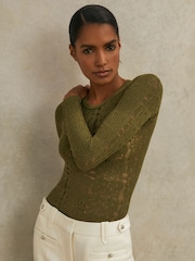 Reiss Green Frances Atelier Lace-Knit Long-Sleeve Bodysuit - Image 1 of 5