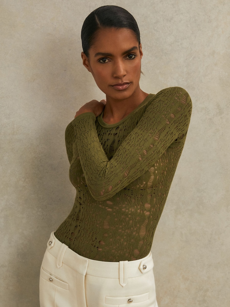 Reiss Green Frances Atelier Lace-Knit Long-Sleeve Bodysuit - Image 1 of 5 Reiss Green Frances Atelier Lace-Knit Long-Sleeve Bodysuit - Image 1 of 5