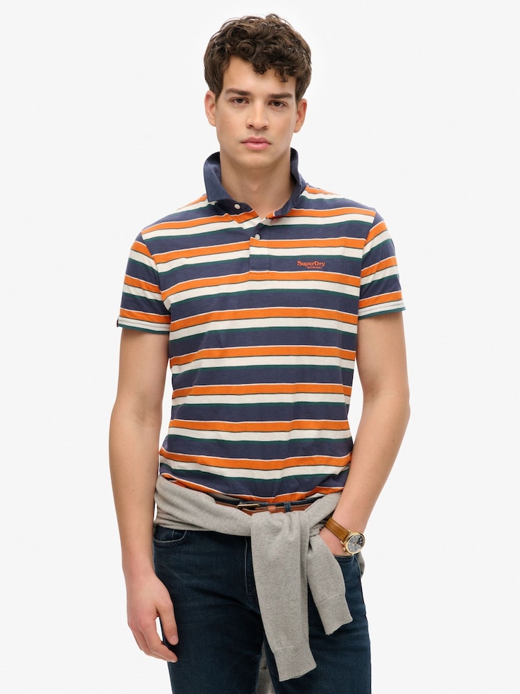 Superdry Blue Lightweight Stripe Jersey Polo Top - Image 1 of 6 Superdry Blue Lightweight Stripe Jersey Polo Top - Image 1 of 6