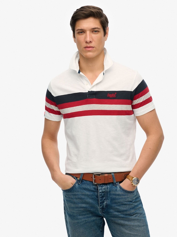 Superdry White Lightweight Stripe Jersey Polo Top - Image 1 of 6 Superdry White Lightweight Stripe Jersey Polo Top - Image 1 of 6