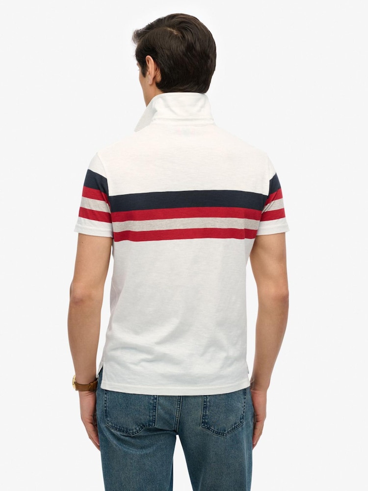 Superdry White Lightweight Stripe Jersey Polo Top - Image 2 of 6 Superdry White Lightweight Stripe Jersey Polo Top - Image 2 of 6