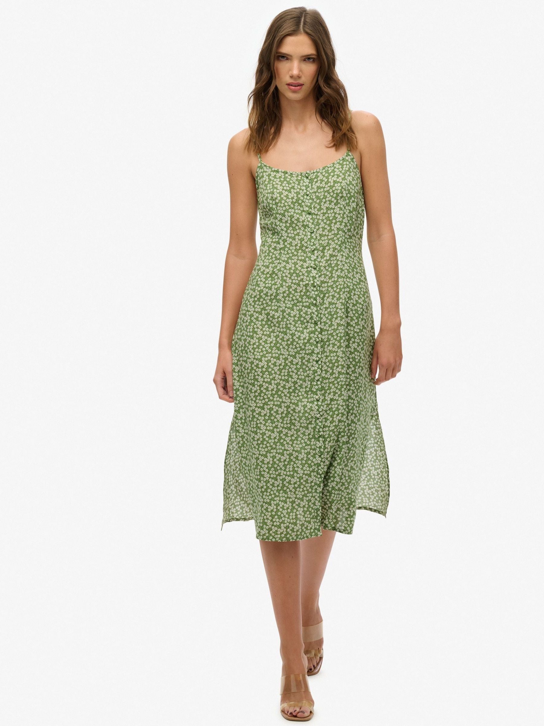 Superdry Women's Green Printed Button-Up Cami Midi Dress - Image 1