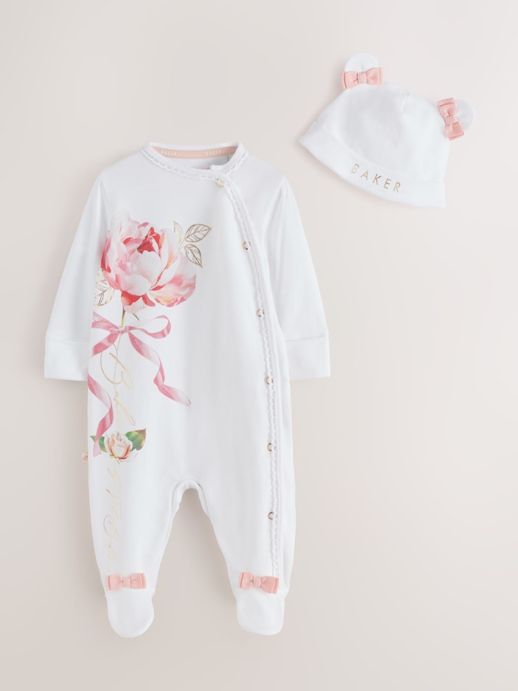 Baker by Ted Baker Flower Placement White Sleepsuit & Hat Set - Image 1 of 12 Baker by Ted Baker Flower Placement White Sleepsuit & Hat Set - Image 1 of 12