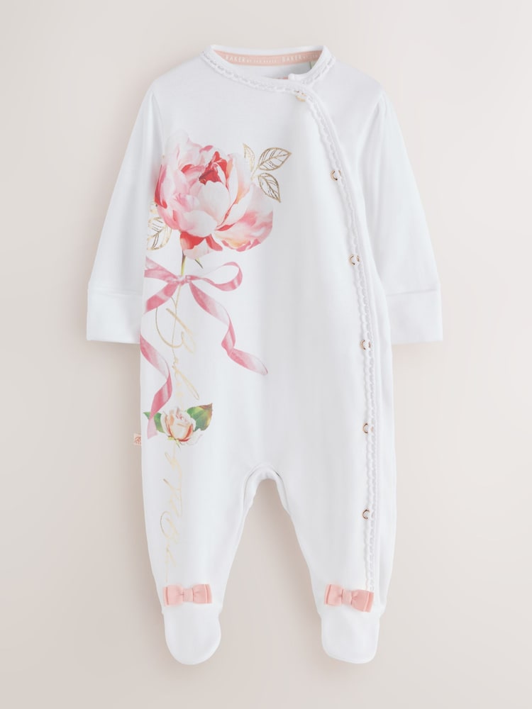 Baker by Ted Baker Flower Placement White Sleepsuit & Hat Set - Image 2 of 12 Baker by Ted Baker Flower Placement White Sleepsuit & Hat Set - Image 2 of 12