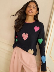 Love & Roses Navy Blue Multi Animal Heart Jumper - Image 1 of 4