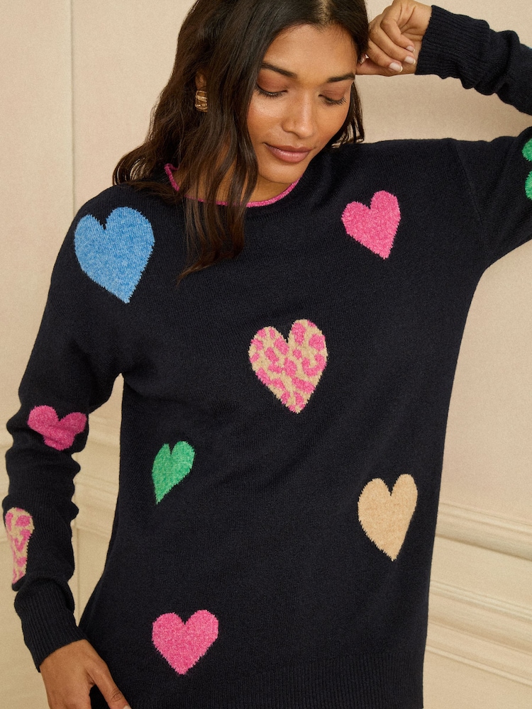 Love & Roses Navy Blue Multi Animal Heart Jumper - Image 2 of 4 Love & Roses Navy Blue Multi Animal Heart Jumper - Image 2 of 4