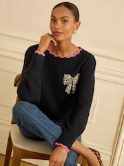Love & Roses Navy Blue Leopard Print Bow Scallop Knitted Jumper - Image 1 of 4