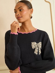 Love & Roses Navy Blue Leopard Print Bow Scallop Knitted Jumper - Image 2 of 4