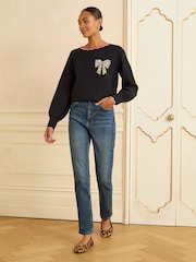 Love & Roses Navy Blue Leopard Print Bow Scallop Knitted Jumper - Image 3 of 4