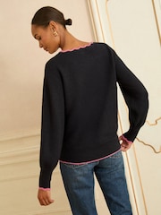 Love & Roses Navy Blue Leopard Print Bow Scallop Knitted Jumper - Image 4 of 4