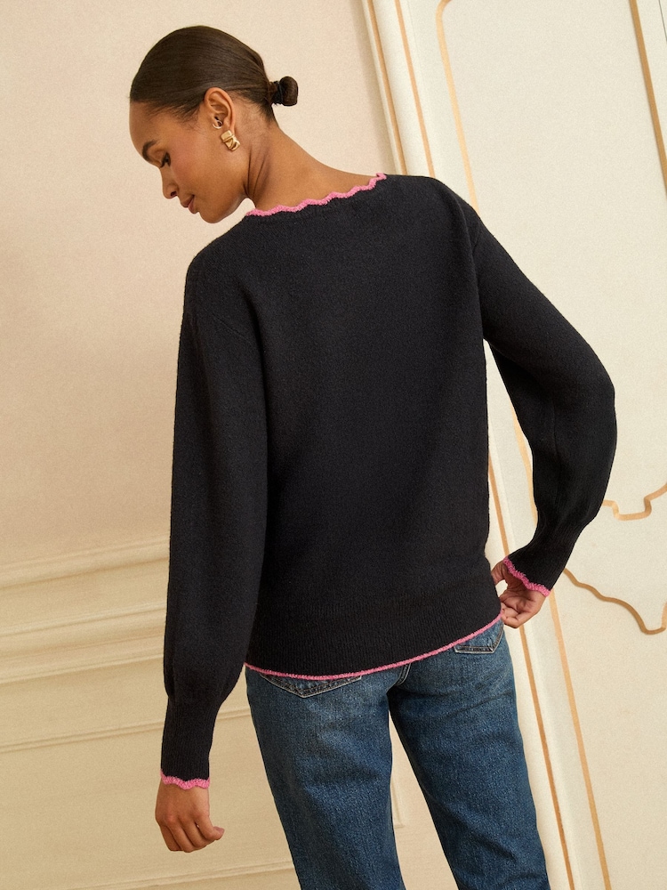 Love & Roses Navy Blue Leopard Print Bow Scallop Knitted Jumper - Image 4 of 4 Love & Roses Navy Blue Leopard Print Bow Scallop Knitted Jumper - Image 4 of 4