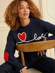 Love & Roses Navy Blue Love Heart Cornelli Knit Jumper - Image 1 of 4
