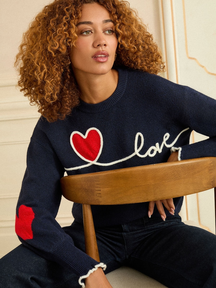Love & Roses Navy Blue Love Heart Cornelli Knit Jumper - Image 1 of 4