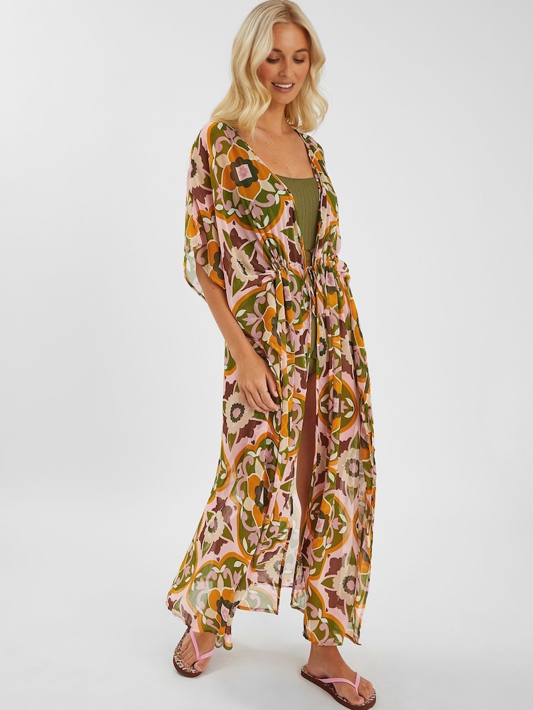 Accessorize Pink Retro Floral Print Chiffon Maxi Kaftan - Image 1 of 4
